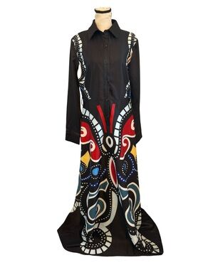 Kosmios NWT Maxi Shirt Dress Medium Abstract Print Button Front Long Sleeve